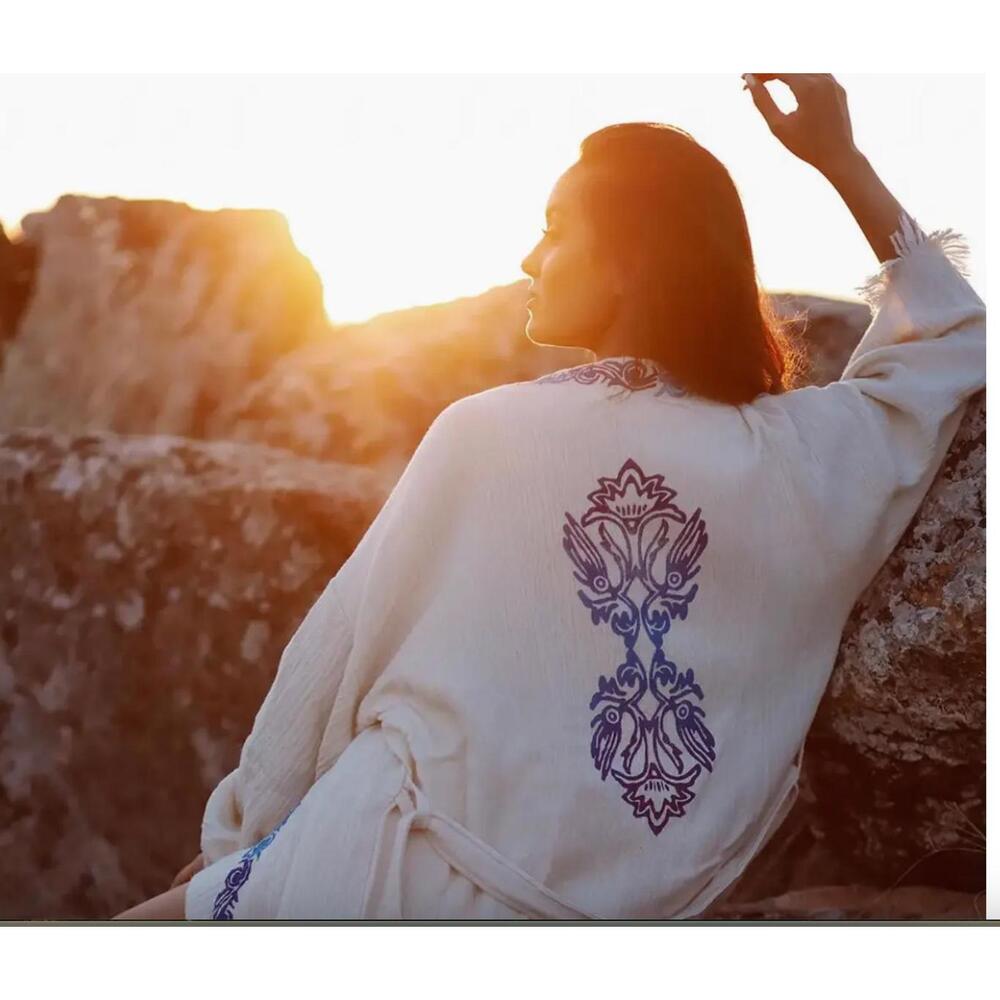 Hearth Earth Craft Organic Cotton Soft Bathrobe Handmade Wood Blocks printed
